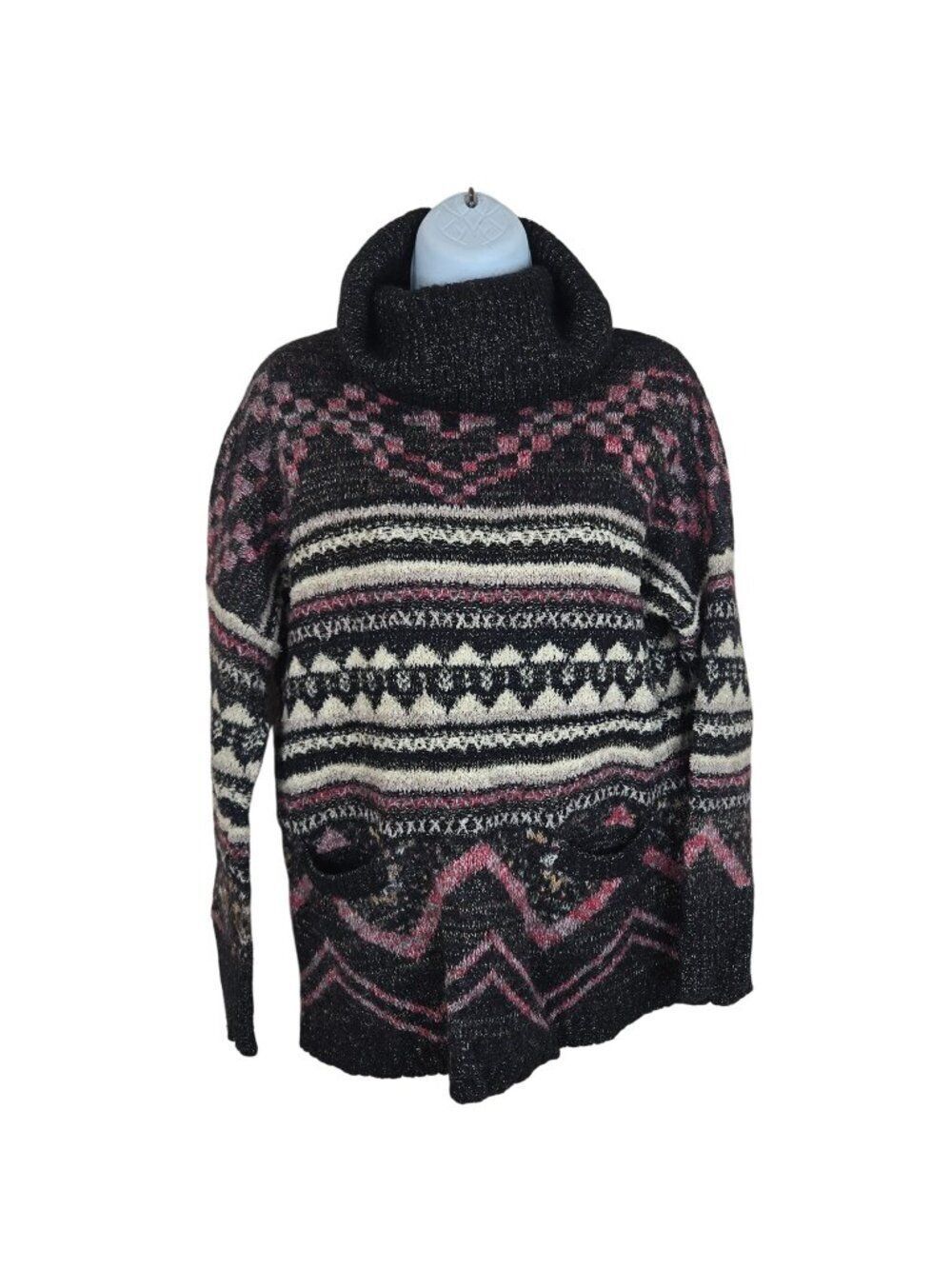 Lucky Brand Women’s L Turtleneck Sweater Black Red Southwest Fair Isle